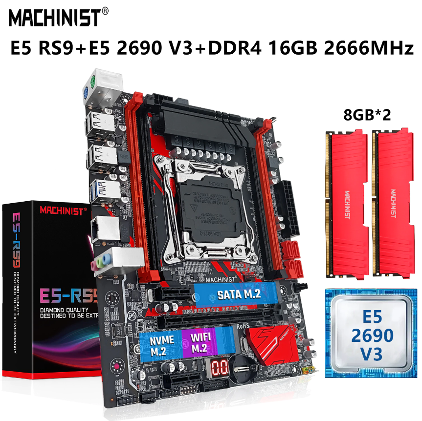 MACHINIST RS9 X99 комплект материнской платы Xeon E5 2690 V3  LGA 2011-3 ЦП 16 Гб = 8Gx2 DDR4 2666 МГц ОЗУ память Wi-Fi NVME M.2